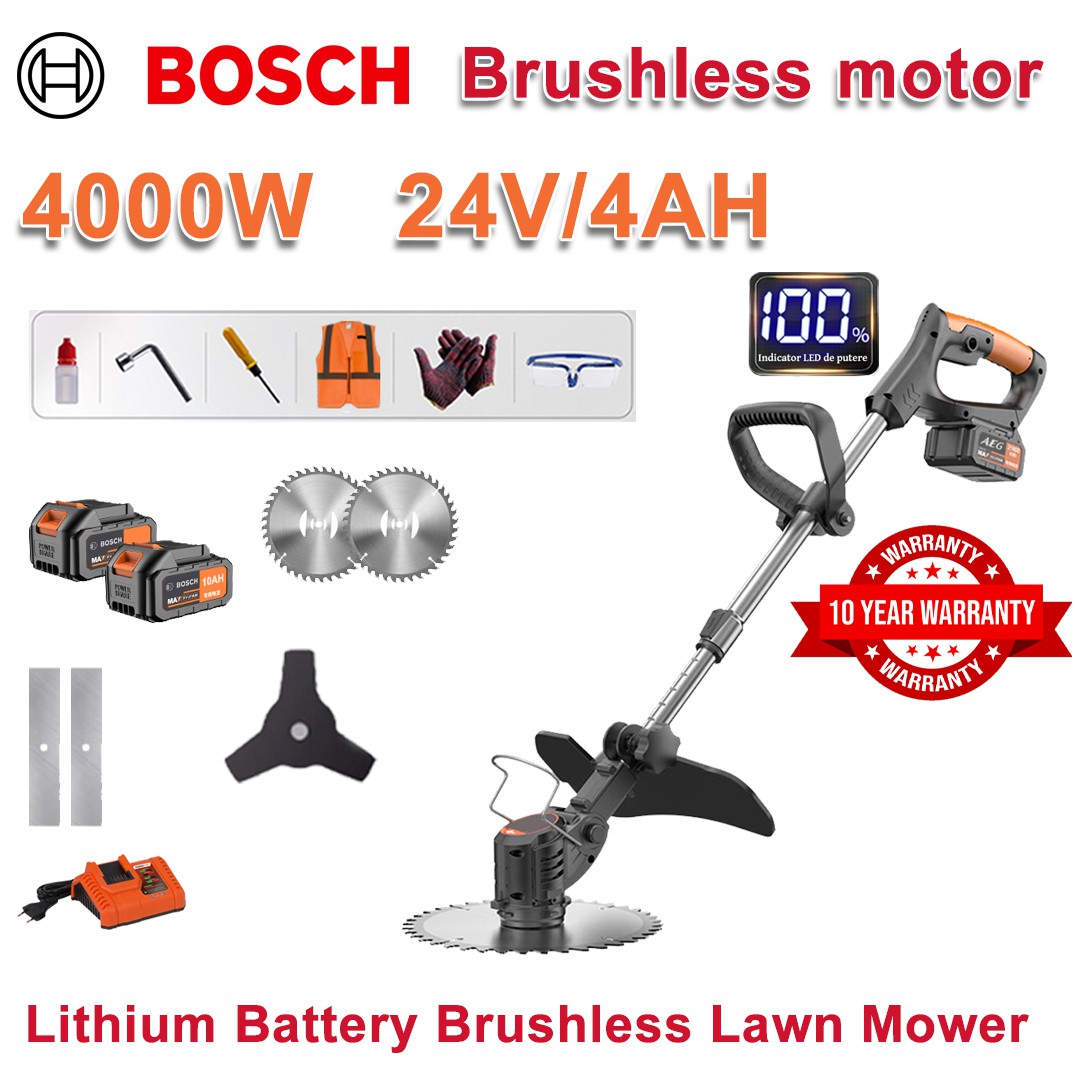 4000W brushless lawn mower + 24V/4AH lithium battery * 2 + 10 inch circular saw * 2 + alloy blade * 2 + three-blade blade + original charger + other accessories + ten-year warranty