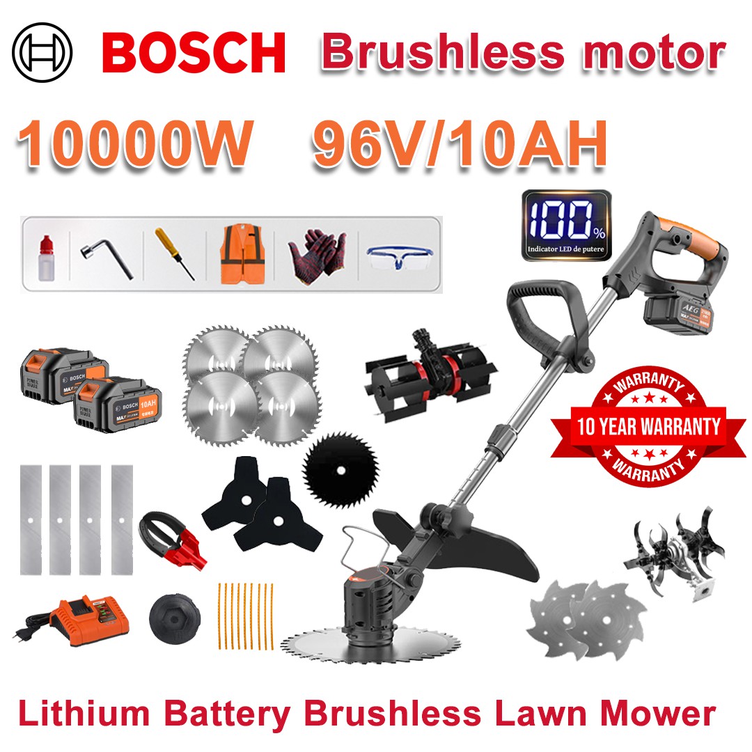 10000W Brushless Lawn Mower + 96V / 10AH Lithium Battery * Disc Saw 2 + 10 Inch * Steel 4 + 10 Inch Saw Disc + Aluminum Blade * 4 + Three Blade Blade * 2 + Plow Head + Folding Knife * 2 + Heads + Original loader + Other accessories + Herb head + Fruit picking head Ten-year warranty